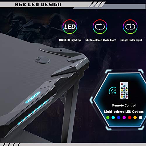Qulomvs Gaming Desk with Led Lights 47inch K-Shaped Game Desk for PC Gamer Desk Carbon Fiber Gaming Table with Free Mouse pad,Cup Holder and Headphone Hook Black