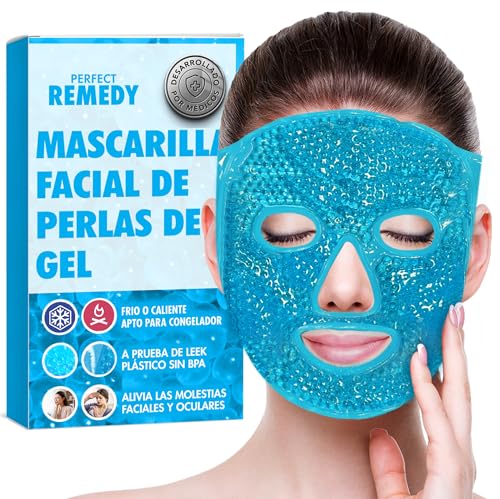 Perfect Remedy Antifaz Gel Frío y Calor Reutilizable - Alivio para Dolor de Cabeza, Anti Migraña, Bolsas Ojos y Ojeras - Mascarilla Silicona Facial para Hombres y Mujeres [Azul]