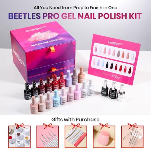 Image of Beetles PRO Summer Gel Polish - Almost Okay Collection, 18 Colors 15ml Salon Polish Set with Base Coat, Glossy & Matte Top Coats, 6 Painting Gel for Nails Tools, UV Nail Lamp Cure Needed