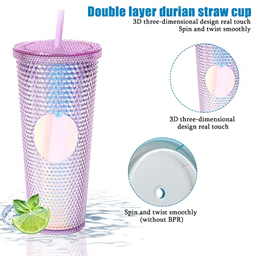 TWSOUL Studded Cup Tumbler 710ml Studded Tumbler with Lid and Straw Reusable Cold Cup for iced Coffee Double Walled Plastic Water Bottl (Purple) - Image 3