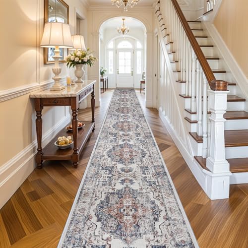 Hallway Washable Runner Rug - 3x20 Kitchen Rugs Entryway Rug Long Runner Vintage Soft Floor Mat Non Slip Indoor Farmhouse Carpet for Bathroom Living Room Bedroom (3 X 20, Brick)