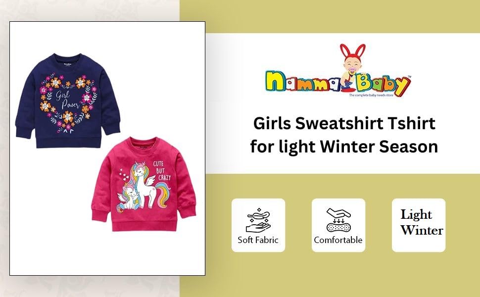 NammaBaby Girls T-Shirt | Printed Full Sleeves Sweatshirt | for Light Winters | Pack of 2 | 2-3 Years |Multicolor, Soft Cotton Fabric | Casual Wear for Kids 1