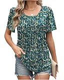 PICKLION Womens T Shirts Floral Tops Summer Ladies Tshirts Short Sleeve Pleated Casual Tunic Blouse Shirts FloralGreen M