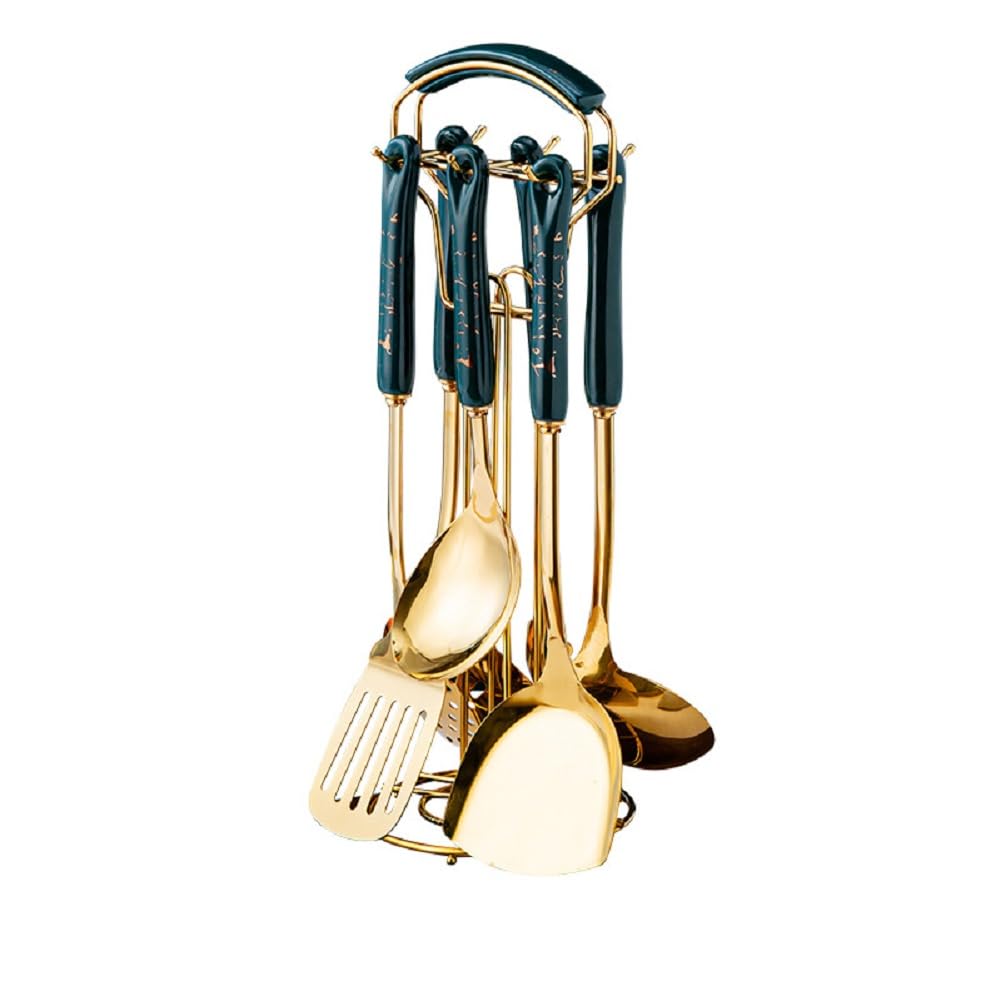 Ustensiles De Cuisine, 6 Pièces Ustensiles De Cuisine INOX avec Manche Suspendu, Spatule, Tourneuse, Louche À Soupe, Cuillère À Fente, Fouet, Serveur De Pâtes, Lavable Au Lave-Vaisselle,Vert