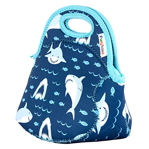 Funkins Insulated Lunch Bag For Kids | Durable, Machine Washable | Premium Quality | Interior Pocket & Name Tag | Easy To Pack, Folds Flat For Storage | Preschool Or Snack Size Lunch Bag (Sharks) #TOP1