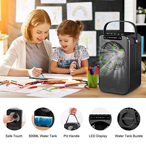 Portable Air Conditioner Fan, Air Cooler, Mini Evaporative Cooler with 600ml Water Tank, LED Display, 3 Speeds 2 Mist, Super Quiet Air Conditioning Fan Misting, Small Desktop Cooling Fan for Office - Thumbnail 4