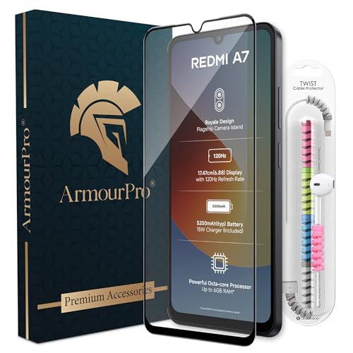 Image of ArmourPro Military-Grade Tempered Glass for Redmi A7-9H Anti Scratch, Edge-to-Edge Coverage, HD Clarity, Smooth Touch, Case Friendly, Easy Installation Kit with Cable Protector