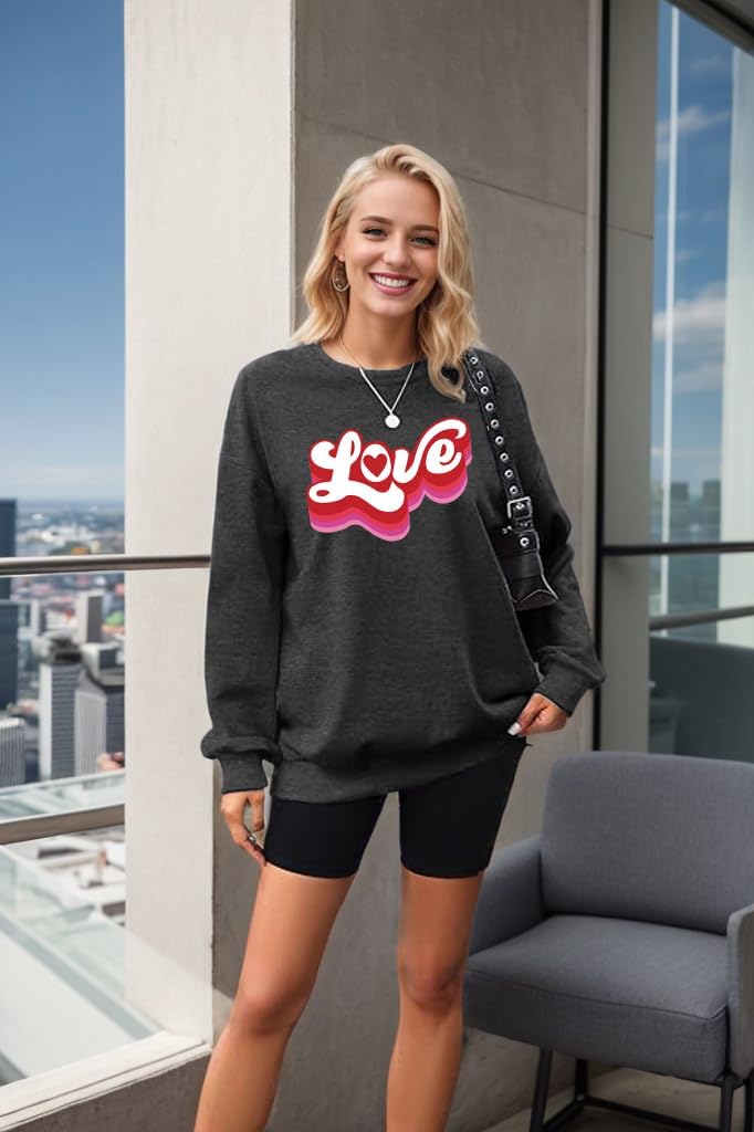 Valentines Sweatshirt for Women Love Letter Sweater Love Heart Graphic Pullover Tops - Image 3