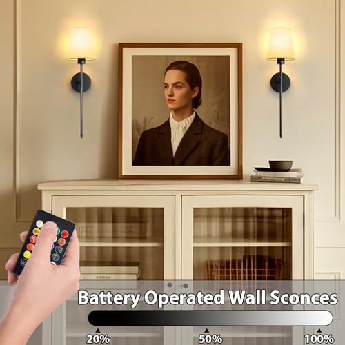 Image of LOUSACE Battery Operated Wall Sconces Set of 2, Black Rechargeable Wall Sconces with Remote Control, 9 Colors Modes, Dimmable Wireless Wall Sconces Decor Set of Two for Bedroom Living Room Hallway