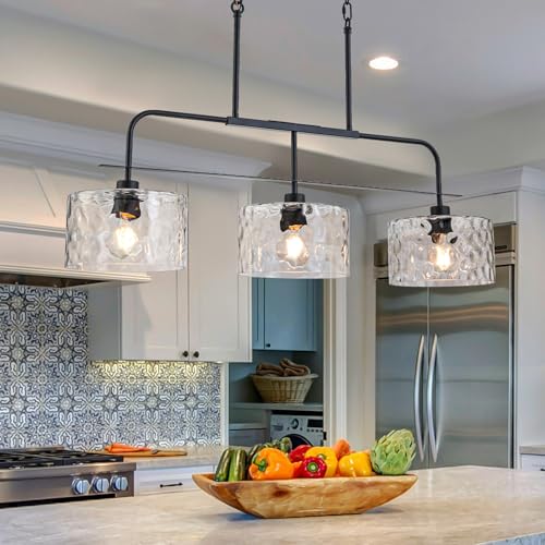 Image of 36 inch Linear Chandelier with Clear Rippled Glass Shades 3-Light Black Linear Pendant Light, Industrial Hanging Chandelier for Kitchen Island, Dining Room, Living Room, Pool Table
