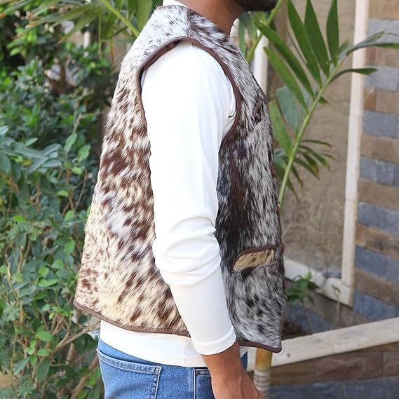 Image of Men's Real Cowhide Leather Hair-on Vest ► Old Western Cowboy Leather Vest For Mens : Natural Cow Hair vest