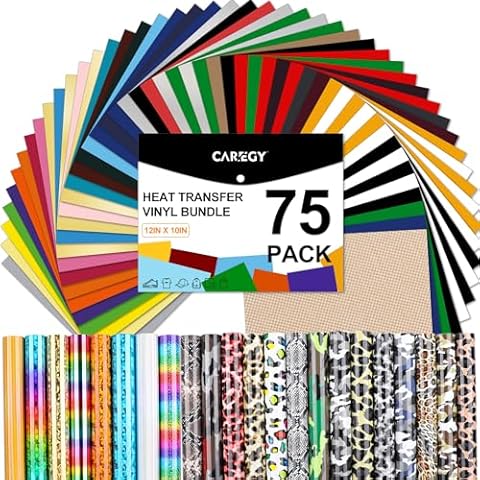 CAREGY HTV Heat Transfer Vinyl Bundle: 75 Pack 12" x 10" Iron on Vinyl for T-Shirt, 57 Assorted Colors for All Cutter Machine or Heat Press Machine Cover
