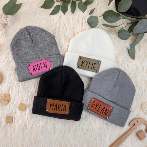 Personalized Toddler Beanie Hat - Custom Name Leather Patch Baby Knit Hats, Navy Blue Winter Knit Hats for Newborn Kid Adult3