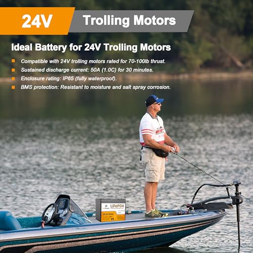 Image of 24V 50Ah Lith ium Trolling Motor B attery | 4000+ Deep Cycle LiFePO4 Battery,50A BMS, Group24 Size,for Marine Boat Kayak Yacht