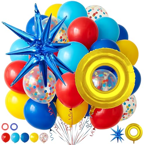 Cartoon Birthday Party Balloons Decorations - 32pcs 12inch Red Blue Yellow Balloons with 22inch Boom Star and 28inch Gold Ring Foil Balloon for Boys Girls Birthday Party Baby Shower Decoration