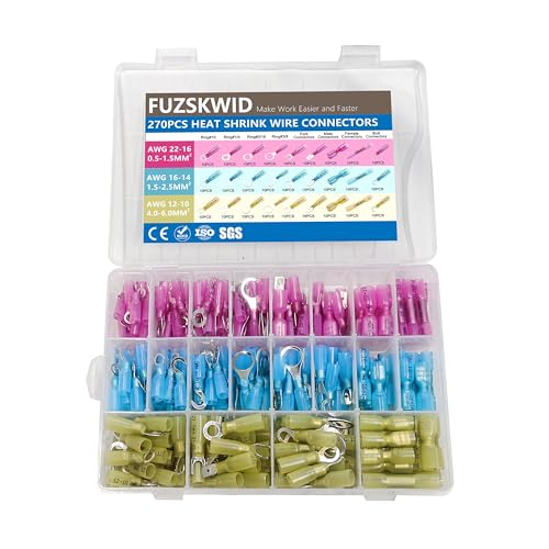 FUZSKWID 270Pcs Heat Shrink Wire Connectors Kit,Waterproof Wire Terminal Connectors,Insulated Spade Electrical Connectors for Automotive Marine Boat Truck, Include Rings Forks Spade Butt Splices