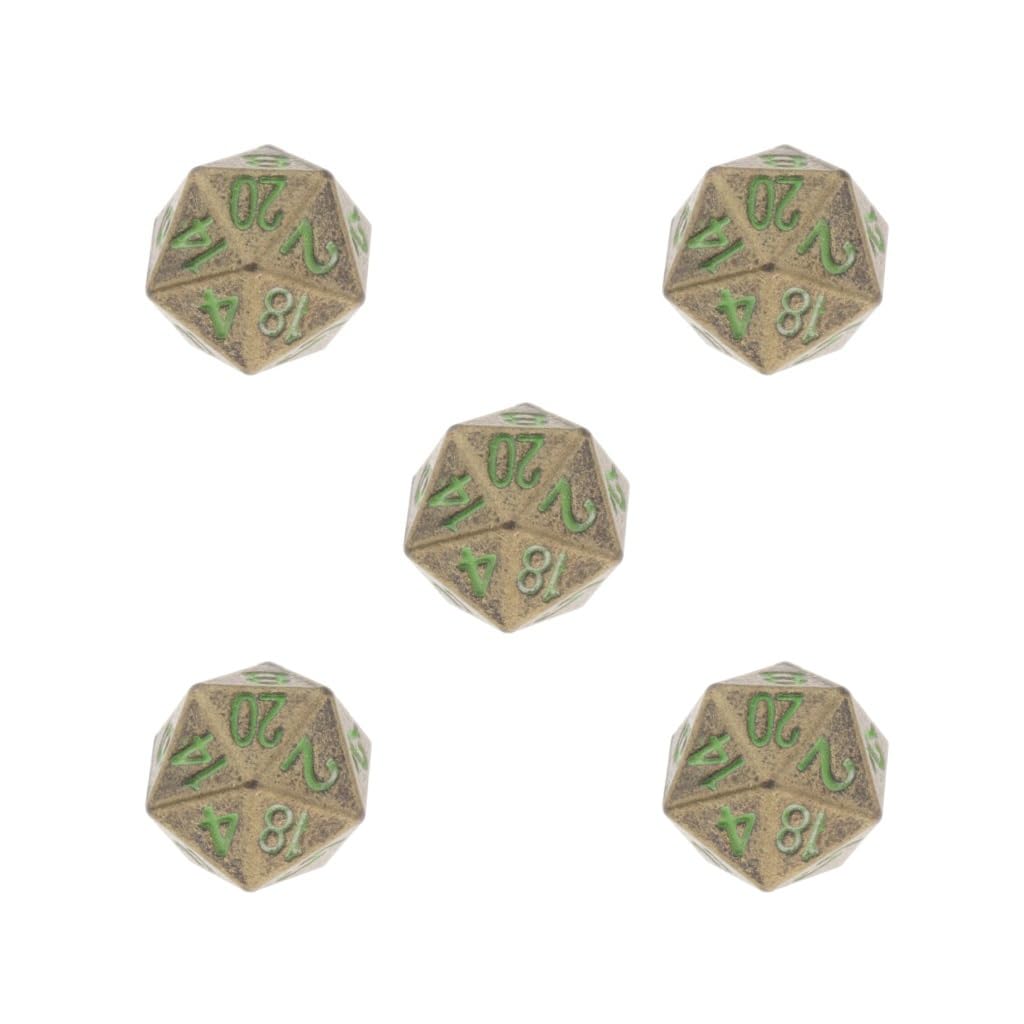 Juego de 5 dados poliédricos de metal sólido D20 para juegos de rol D&D de 20 caras, bronce