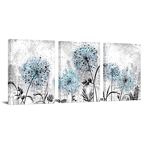 RnnJoile Blue Dandelion Wall Art Set 3 Pieces Grey Abstract Flower Canvas Artwork 12'x16' for Each