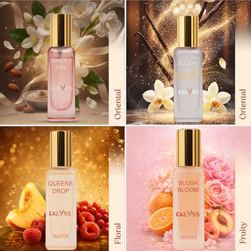 Image of Luxury Perfume Set For Her, Classic Edition, 4 x 20ml Pack, Sweet Sin, Blush Bloom, Sugar Bloom, Queens Drop, All Day Long Lasting Fragrance