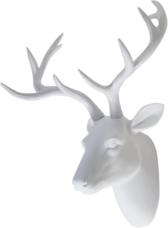 SAC SMARTEN ARTS Deer Head Wall Art Animal Head Art Decor White Fake Furry/Felt/Velvety Resin Deer Head with White Antlers for Home/Bar/Office Size 16" x 12" x 7.5"