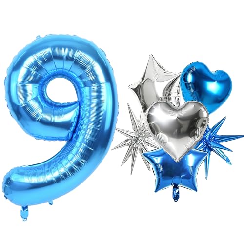 Image of TONIFUL 9th Birthday Balloons Kit 40 Inch Blue Large Number 9 Foil Balloon