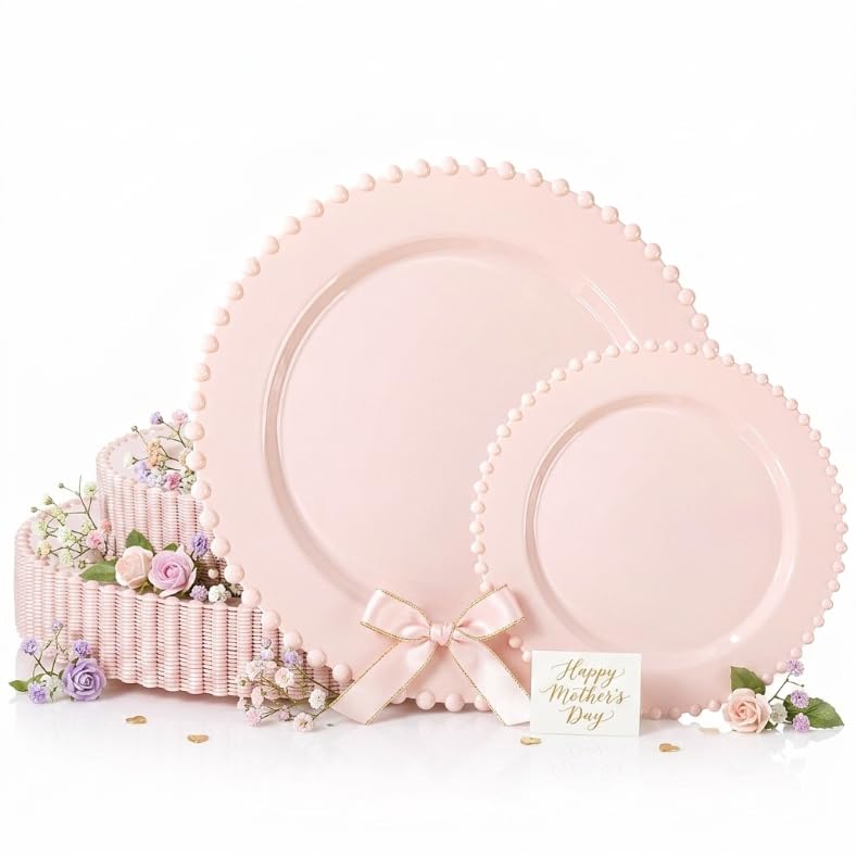 U-QE 60PCS Pink Plastic Plates - Heavy Duty Beaded Pink Disposable Plates for Mothers Day Party Baby Shower Wedding - Serving 30 Guests Include 30PCS 10inch Dinner Plate & 30PCS 7inch Dessert Plate
