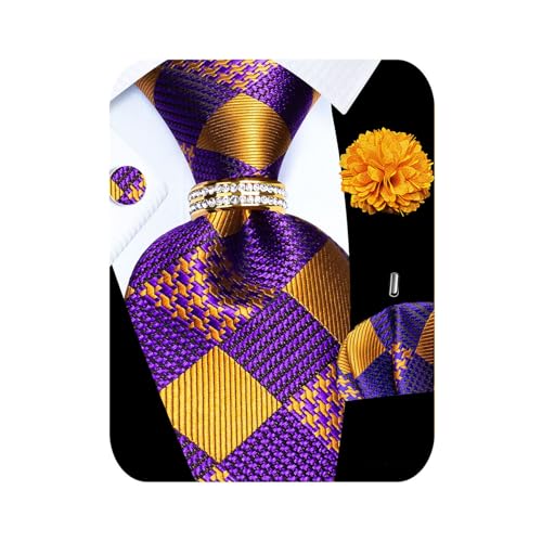 Image of 5PCS Mens Silk Tie, Pocket Square, Cufflinks, Drilled Tie Ring and Lapel Pin Set for Wedding Groom Party