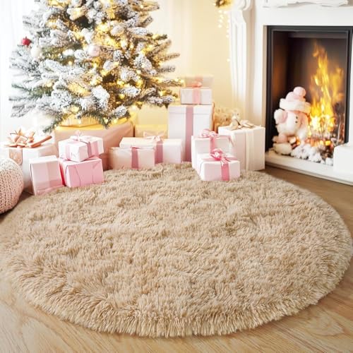 Image of Shaggy Round Area Rug - Soft Plush Circle Solid Color Carpet for Living Room, Bedroom, Kids Room - Fluffy Fuzzy Floor Mat for Home Decor (Beige, 4x4 feet, Round)