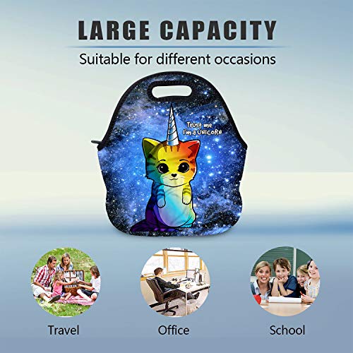 Aotigo Rainbow Unicorn Cat Neoprene Lunch Bag Insulated Lunch Box Waterproof Lunch Tote Bag With Zipper For Women Kids Boys Girls Men #TOP1
