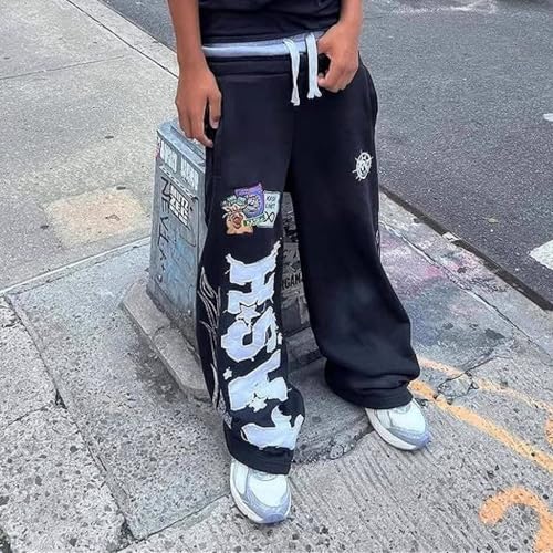 Emo Grunge Embroidery Y2k Goth Streetwear Pants Double Waisted Wide Leg Baggy Sweatpants Men Women Trendy Pants2