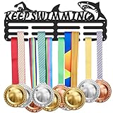 SUPERDANT Keep Swimming Medal Hanger Display Rack Shakes Funny Medal Holder Iron Hook Frame Ribbon Wall Mounted Award Holder for 60+ Swimming Competition Metal Medal Hanger