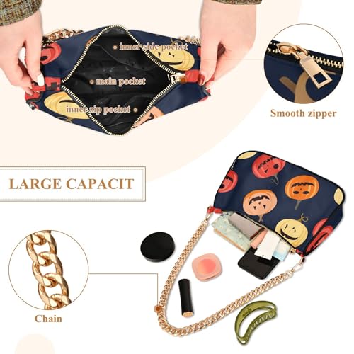 Halloween Spooky Jack Lantern Pumpkins Medium Handbag Tote Womens Shoulder Handbag Aesthetic Retro Formal Purse Hobo Zipper Closure Chain Strap4