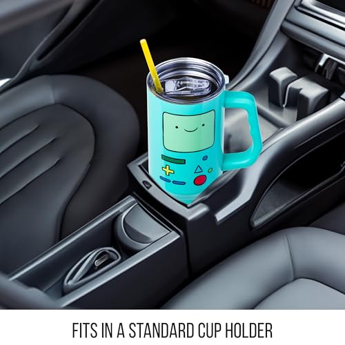 Image of Silver Buffalo Adventure Time Featuring BMO Double Walled Stainless Steel Tumbler with Handle and Straw, Fits in Standard Cup Holder, 40 Ounces