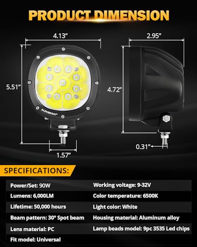 Image of Auxbeam 4In 90W Round Led Offroad Lights, 2PCS 9000LM Led Light Pod Super Bright Round Driving Light with Wiring Harness Kit Spot White Beam for Truck Pickup SUV ATV UTV 4x4 Jeep Wrangler Motorcycle