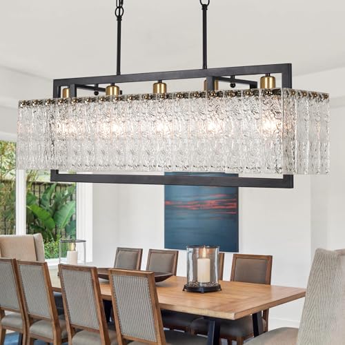 KINGTORO Lustre de cristal preto moderno para sala de jantar, luminária suspensa de 90 cm, design de