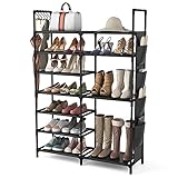 VTRIN Shoe Rack Shoe Organizer 7 Tier Shoe Rack for Entryway Holds 24-28 Pairs Shoe and Boots Shelf Organizer Storage Organizer Durable Metal with Side Hanging Shoe Pockets for Bedroom Black