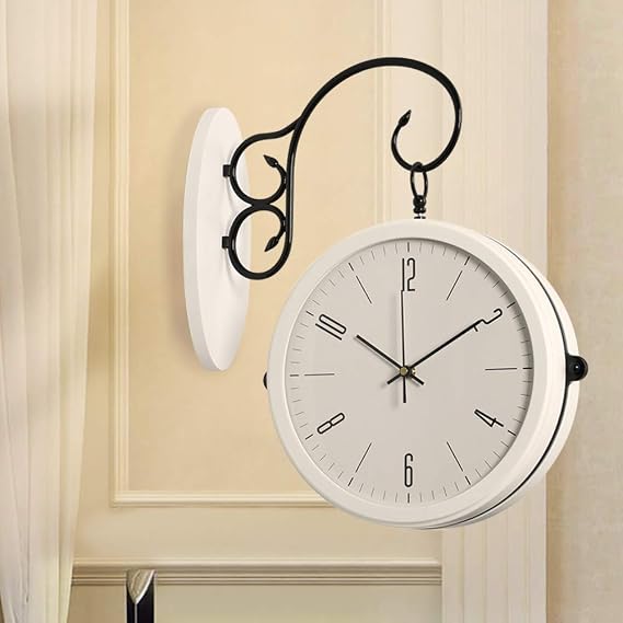 Çift Taraflı Kuvars Duvar Saati, Sessiz Asılı Duvar Saatleri Yuvarlak Metal Saat Pille Çalışan Oturma Odası Tik Taksız Saat Beyaz 29x29 cm (11x11 inç)