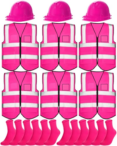 Hillban 18 Pcs Construction Worker Costumes Adult Neon Reflective Construction Vests Hard Hats Socks for Birthday Theme Party(Pink)