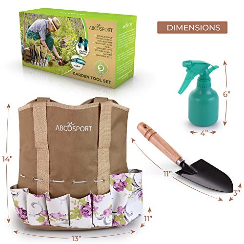 Garden Tools Set - 9 Piece Gardening Kit - Easy to Carry Tote Bag - Pretty Floral Design - Ergonomic Wooden Handle - Heavy Duty - Bonus Gloves and Cutter - Machine Washable - Great as a Gift