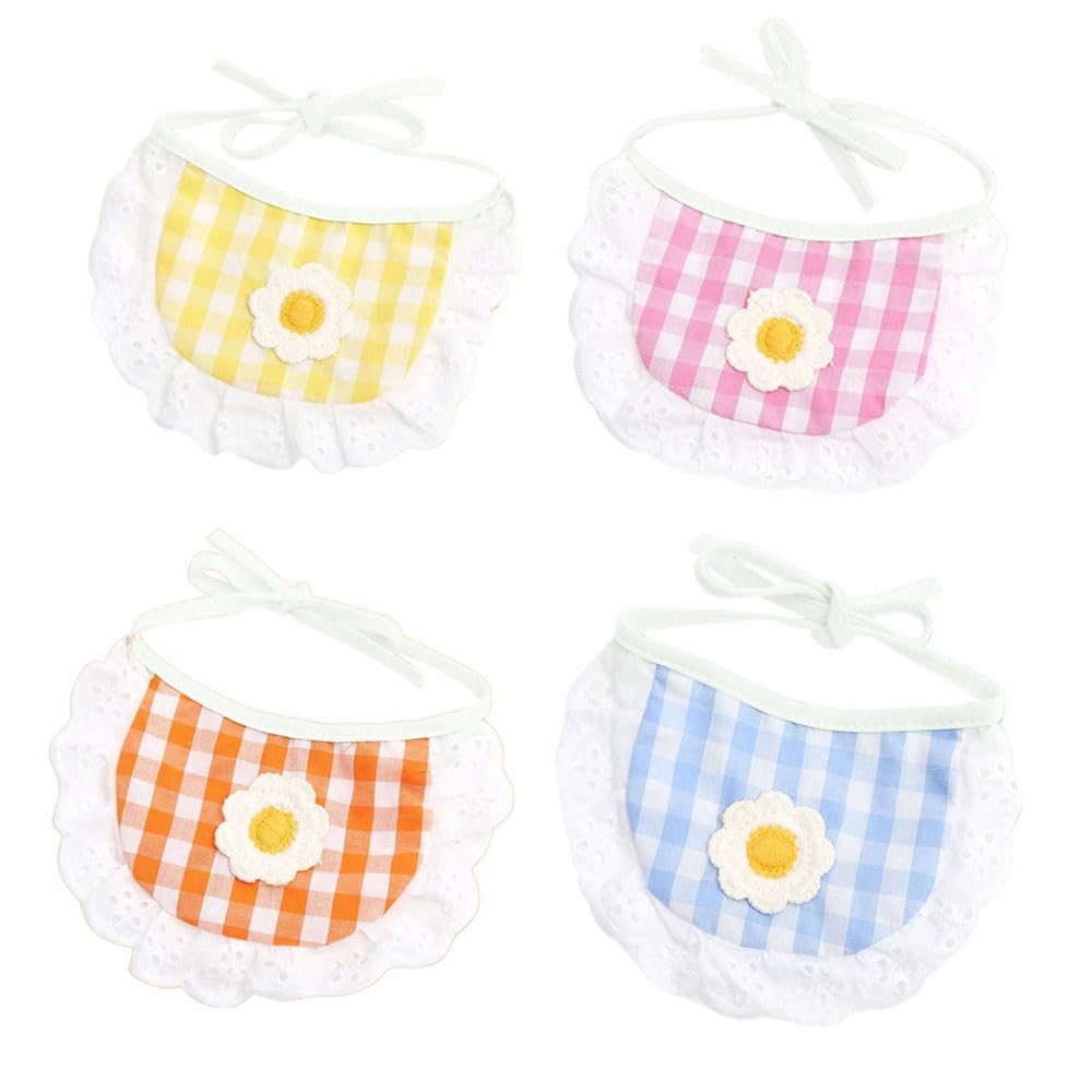 4PCS Dog Lace Bandana, Pet Plaid Lace Bib, Puppy Cat Flower Scarfs, Daily Handkerchief Semicircle Scarf Bib Towel for Small Medium Puppy Pet,