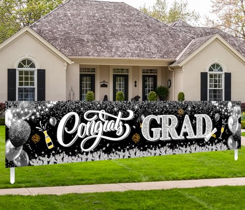 Image of 2026 Graduation Decorations-Black and Silver Congrats Grad Yard Sign Banner Decoration for Class of 2026 Graduation Party Supplies