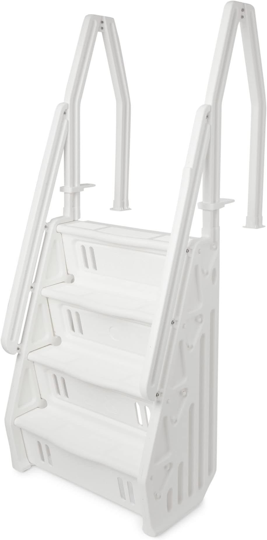 Deluxe Versatile Adjustable 32 Inch in-Pool Step Ladder Entry System with Double Handrail for Above Ground Swimming Pools, White