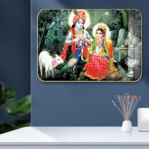Image of Masstone Radha Krishna Crystal Embedded High Gloss Wall Painting, Golden Slim Frame, 45x30 Cm Wall Art for Living Room, Bedroom, Office & Home Decor (CRG49)