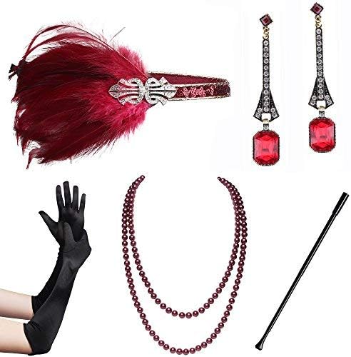 BABEYOND 1920s Flapper Accessories Set Gatsby Costume Accessories 20s Flapper Headband Pearl Necklace Gloves Holder