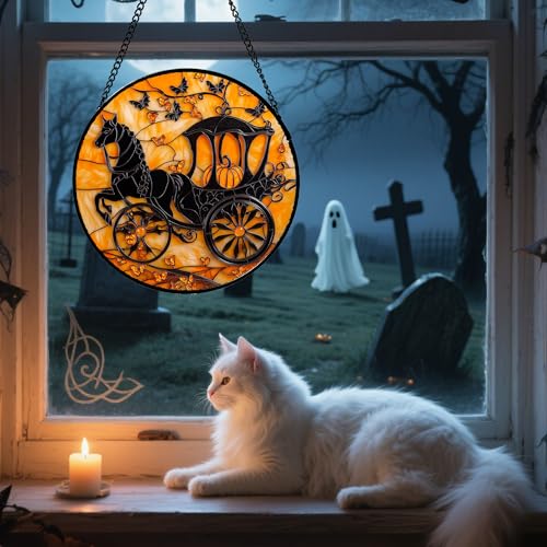 Image of Stained Glass Window Hanging - Halloween Pumpkin Carriage Suncatcher for Doors Window Garden Indoor Spooky Funny Orange Sun Catchers Gothic Decor Horror Gifts for Women Men Friend 6.3 in