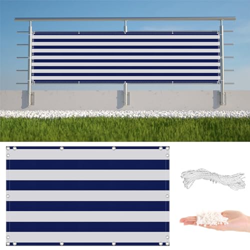 Resistente a los rayos UV para balcón, 0,8 x 9 m, protección contra el viento, para jardín, porche, condominio, barandilla, rayas azules, solución de sombra al aire libre