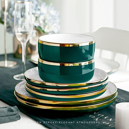 Pokini Reactive Glaze Dinnerware Sets, 12 Piece Luxury Bone China Dishware Sets, Gilt Rim Plates And Bowls Sets For 4 #TOP2