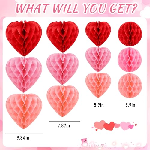 Image of BOARDFEB Valentine's Day Decorations, Engagement Party Decor, Heart Honeycomb Balls Hanging Decorations Pink, Light Pink and Red, Premium Reusable Romantic Proposal Wedding Party Decoration