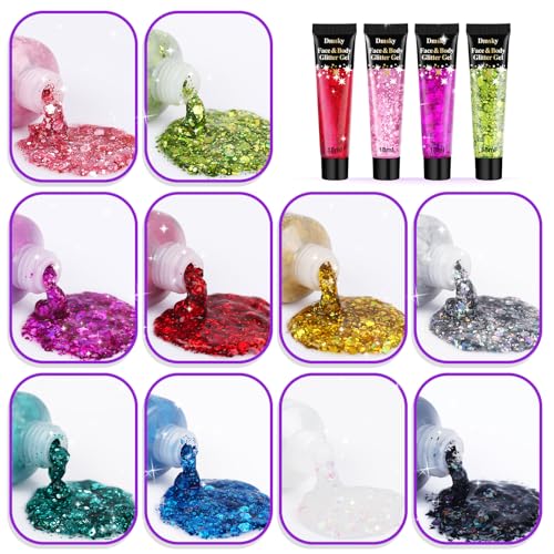 Body Glitter Hair Glitter Face Paint Sparkles Makeup,10 Colors Glitter Gel Singer Concerts Disco Rave Festival Valentine’s Day Accessories,Chunky Sequins Mermaid Gel for Women Eyeshadow Children Hair - Image 3