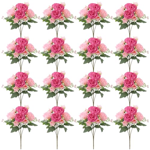 Ovveroche 16 Pack Pink,Hot Pink Peonies Artificial Flowers,Fake Silk Hydrangea Bouquet for Bridal Wedding Home Table Decor Reusable Dining Opening Ceremony Birthday Arrangement Faux Floral